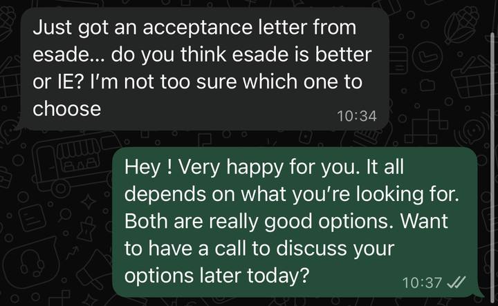 Student message: acceptance letter from ESADE